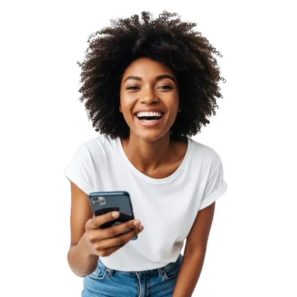 A women in a yellow shirt using her phone.